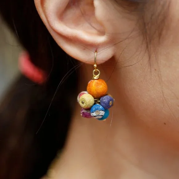 Fair Trade Small Drop Earrings Recycled Kantha Fabric Bead Boho Handmade Crafted - Picture 2 of 15